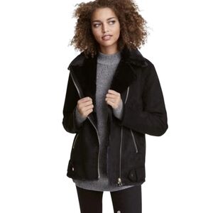 H&M‎ Divided Faux Suede Moto Jacket with Plush Lining Size 16 Black
